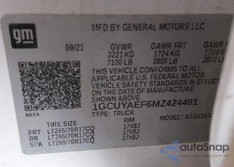 2021 Chevrolet Silverado 1500 4Wd Standard Bed Wt z USA, uszkodzony, nr VIN 1GCUYAEF6MZ424491